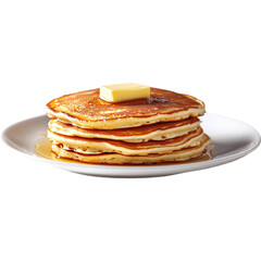 A stack of golden pancakes topped with a pat of butter, served on a white plate with a drizzle of syrup.
