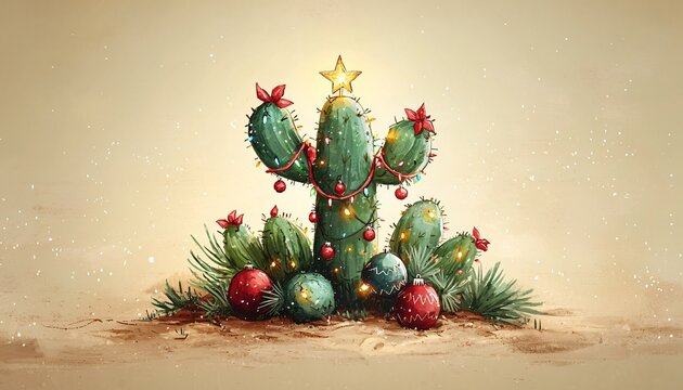 A whimsical Christmas cactus adorned with colorful lights and ornaments, perfect for winter holiday designs and festive celebrations.