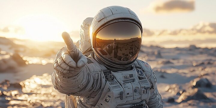 Astronaut in a white space suit on the lunar surface, ideal for winter-themed events or campaigns focusing on exploration and serenity, featuring ample copy space.