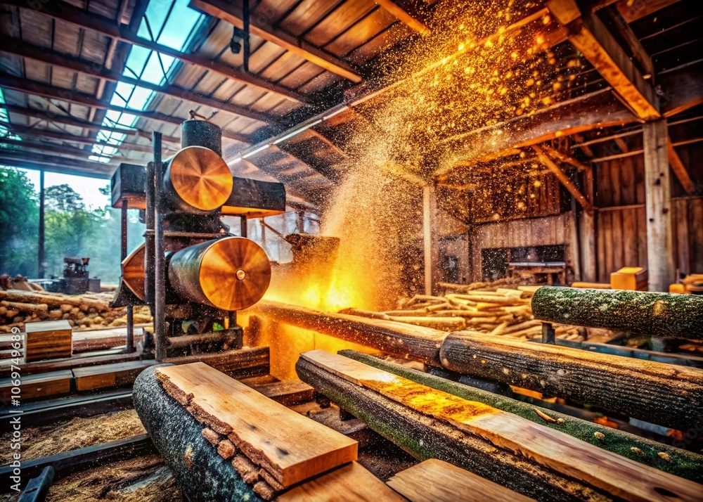 Poster exploring the art of sawmill: capturing the process of cutting logs into beautiful boards and planks