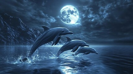 Fototapeta premium Dolphins Leaping Under Moonlight