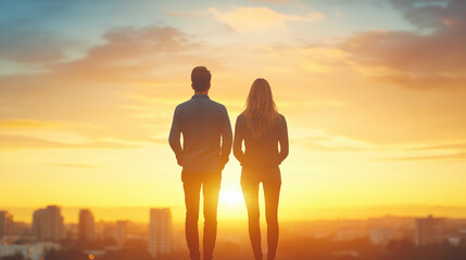 Fototapeta premium A couple stands together overlooking a cityscape at sunset, enjoying the warm glow and serene beauty of the skyline and horizon.