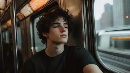 A contemplative young Caucasian male gazes out the subway window.