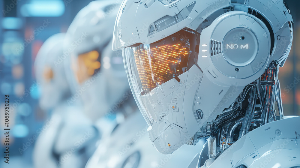 Poster futuristic robots with sleek white exteriors and glowing visors line up in a high-tech setting, show