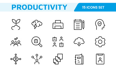 Productivity Icon Set. Modern and inspiring icons designed to enhance efficiency and organization, perfect for productivity apps, task management tools, and workflow solutions.