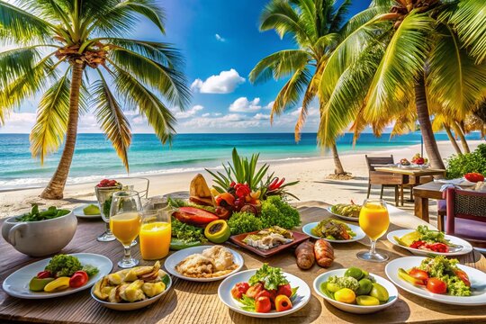 Exquisite Food Photography of a Strand mit Mwe: Vibrant Beachside Culinary Delights with Fresh Seafood, Colorful Salads, and Tropical Drinks Perfect for Summer Feasts and Gatherings