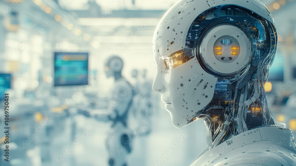 Poster a futuristic laboratory features humanoid robots with intricate designs, showcasing advanced technol