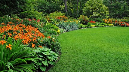 Obraz premium Lush Green Lawn with Orange Flowers and Foliage