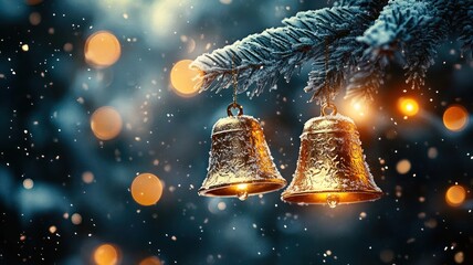 Gold Bells on a Snowy Christmas Tree. High Quality Image