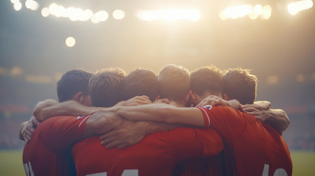 A soccer team huddles together in a stadium, wearing red jerseys, united under bright stadium lights, preparing for the match ahead.