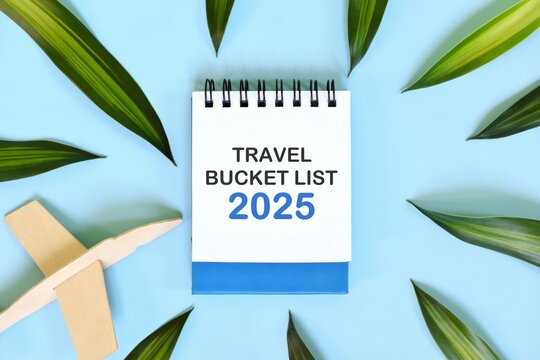 Year 2025 travel bucket list. Beautiful creative flat lay composition