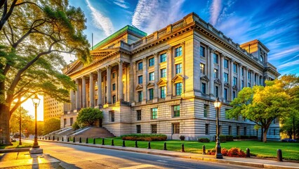 Obraz premium Exterior View of an Older Unmarked Government Office Building in the United States During Daylight, Capturing Architectural Details and Surrounding Environment