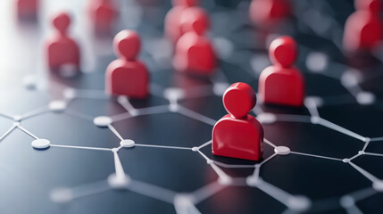 Red figurines connected by lines on a network grid, symbolizing communication or social connections across a digital landscape.