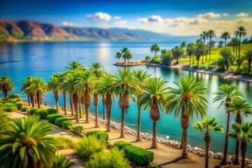 Obraz premium February Serenity: Tilt-Shift Photography of Palm Trees by the Sea of Galilee, Tiberias, Israel - Capturing the Tranquil Beauty of Earth's Lowest Freshwater Lake