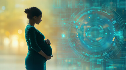 A pregnant woman stands in profile, gazing thoughtfully. Beside her, a digital, futuristic circular interface suggests technology and potential connections.
