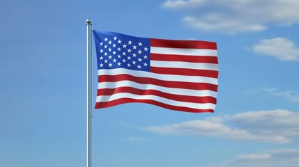 Fototapeta premium Waving USA flag on pole against blue sky