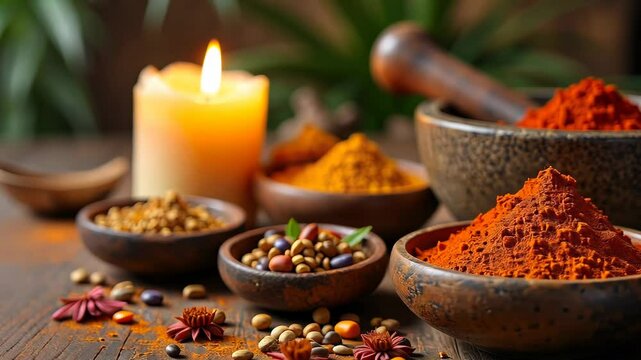 Spices and Candle on Wooden Table