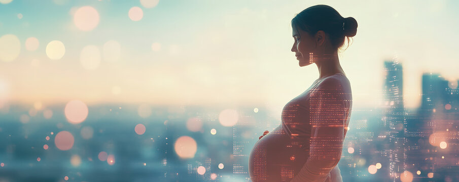 A pregnant woman stands in profile, gazing down, with a city skyline blurred in the background, creating a serene and hopeful atmosphere.
