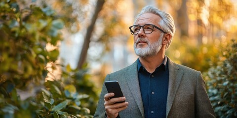 Fototapeta premium Wise Man, Smart Phone - Contemplative Elder Amidst Technology
