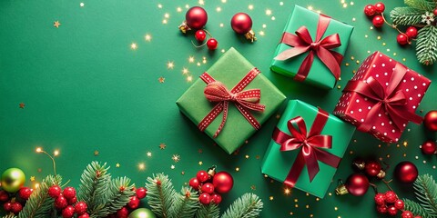 Festive Gift Boxes Arranged on a Green Background with Bokeh Effect, Perfect for Christmas and Holiday Celebrations, Ideal for Seasonal Greetings and Decor Inspiration