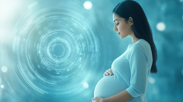 A pregnant woman stands calmly, gently holding her belly, with a futuristic digital interface in the background, symbolizing technology's role in modern pregnancy. - Powered by Adobe