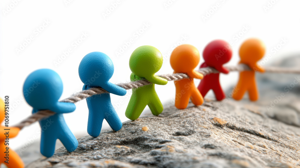 Poster colorful figures collaborate to pull a rope together, symbolizing teamwork and unity. they stand on 