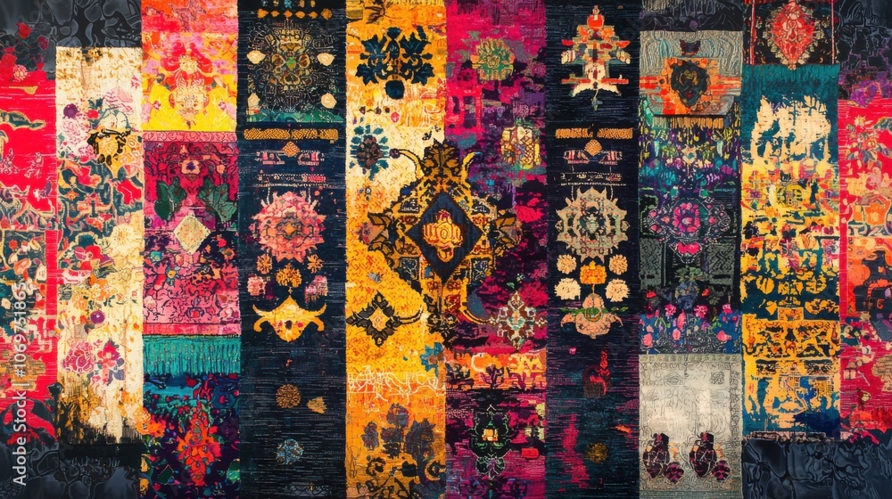 Poster vibrant multi-color textiles with intricate patterns