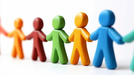 Colorful clay figures holding hands in a line, symbolizing unity, diversity, and teamwork against a plain white background.