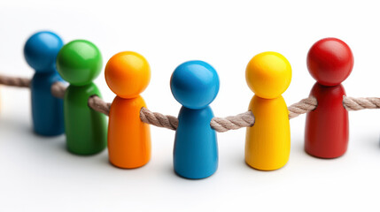 Colorful figurines holding a rope symbolize teamwork, unity, and collaboration, emphasizing the importance of working together for common goals and mutual support.