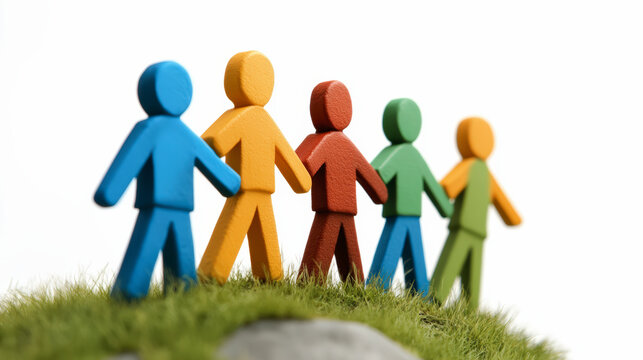Colorful wooden figures holding hands, standing on grassy terrain, symbolize unity and diversity in a harmonious, connected community.