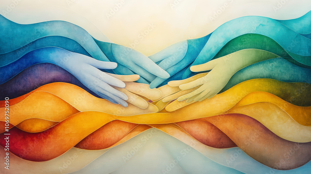 Poster colorful hands reaching across waves of vibrant hues, symbolizing unity and connection in a harmonio