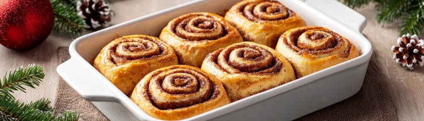 Fototapeta premium Freshly baked cinnamon rolls arranged in a dish, surrounded by festive decorations, create a warm and inviting holiday ambiance.