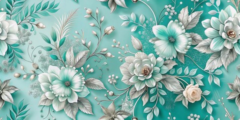 Fototapeta premium Floral Double Exposure Pattern with Silver Contours on Light Turquoise Background for Prints, Posters, Banners, Invitations, and Beauty Product Designs