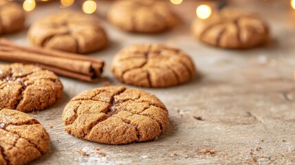 Freshly baked cookies with a cracked surface, accompanied by cinnamon sticks, set against a soft, warm background decorated with twinkling lights.