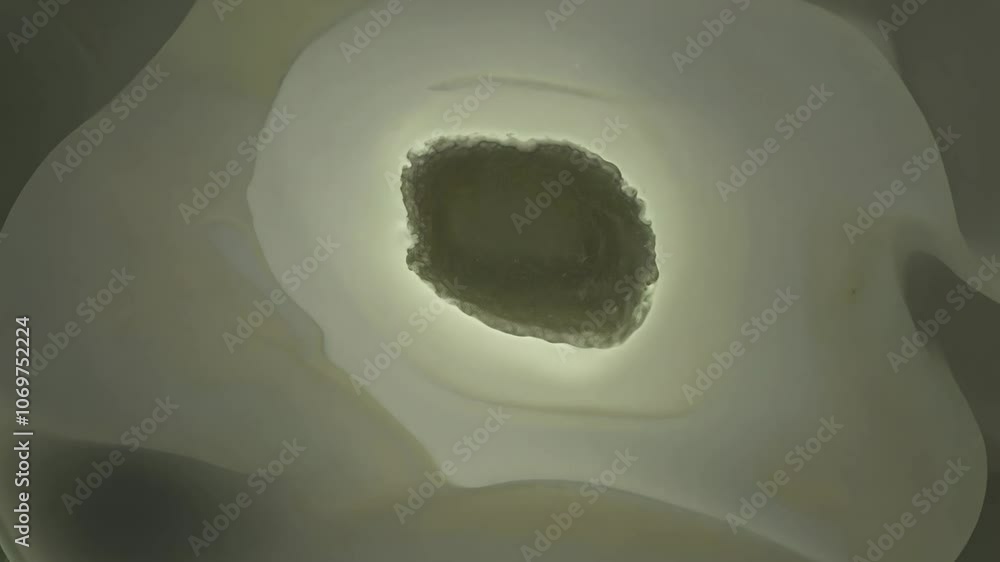 Poster camera zooms in and rotates around floating, amorphous shapes in muted green, brown, and grey. the s