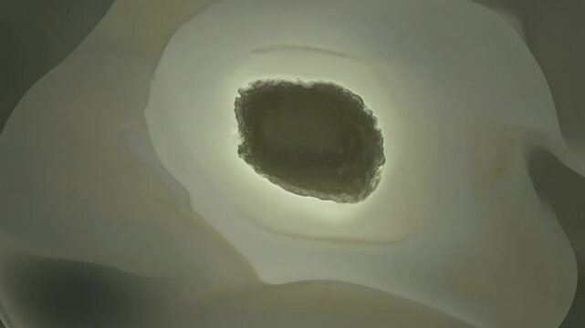 Camera zooms in and rotates around floating, amorphous shapes in muted green, brown, and grey. the shapes pulsate gently, occasionally merging and separating.