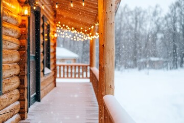 A cozy log cabin porch decorated with warm lights, surrounded by falling snow and a peaceful winter landscape.