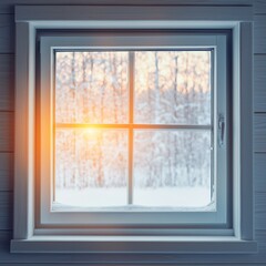 A cozy winter scene framed by a window, showcasing soft sunlight filtering through snowy trees outside.