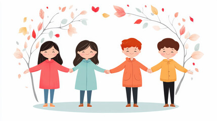Fototapeta premium Four children in colorful coats hold hands, surrounded by an arch of autumn leaves, smiling under the whimsical fall setting.