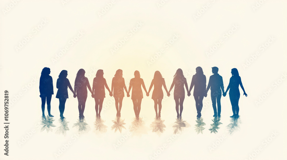 Poster silhouettes of people holding hands in a line, with a warm gradient background, symbolizing unity an