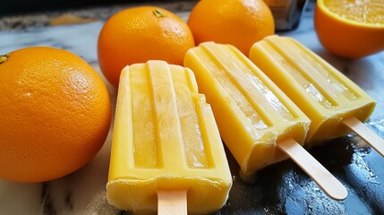 Homemade frozen popsicles made with oragnic fresh oranges