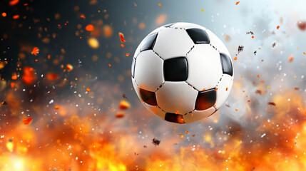 Naklejka premium A soccer ball is soaring through a dynamic background of flames and sparks, conveying intensity and excitement in a competitive sports setting.