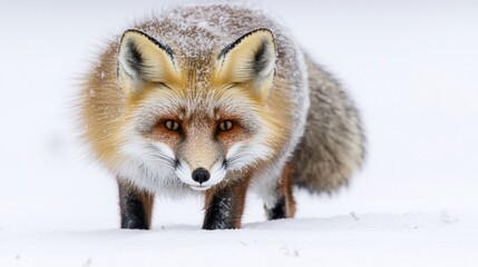 Obraz premium A solitary red fox is cautiously walking through a snowy landscape, showcasing its vibrant fur and alert demeanor in a winter setting.