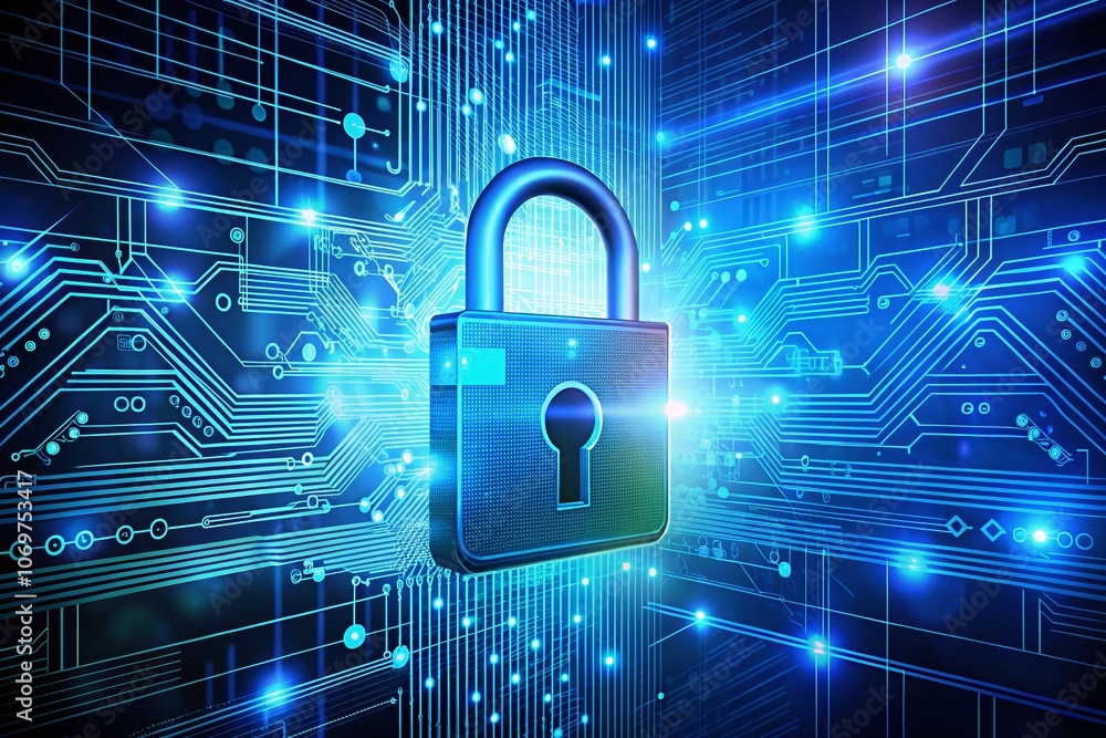 Poster futuristic blue digital cyber security concept with lock silhouette representing generative ai techn