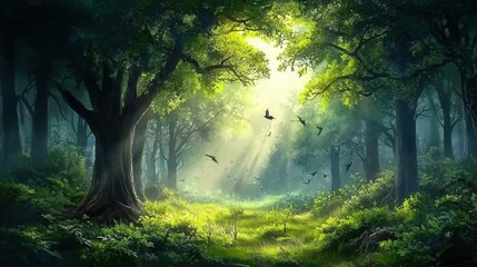 Obraz premium Serene Forest with Sunlight and Birds