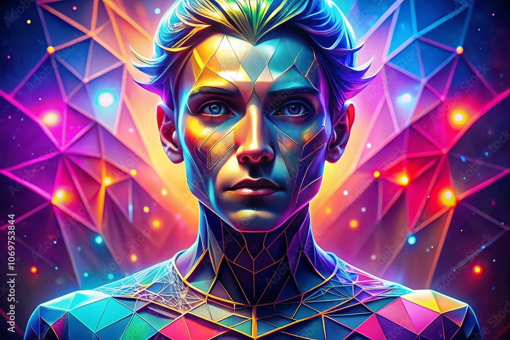 Poster futuristic low poly metaverse avatar representing the next generation of web3 digital identity in a 