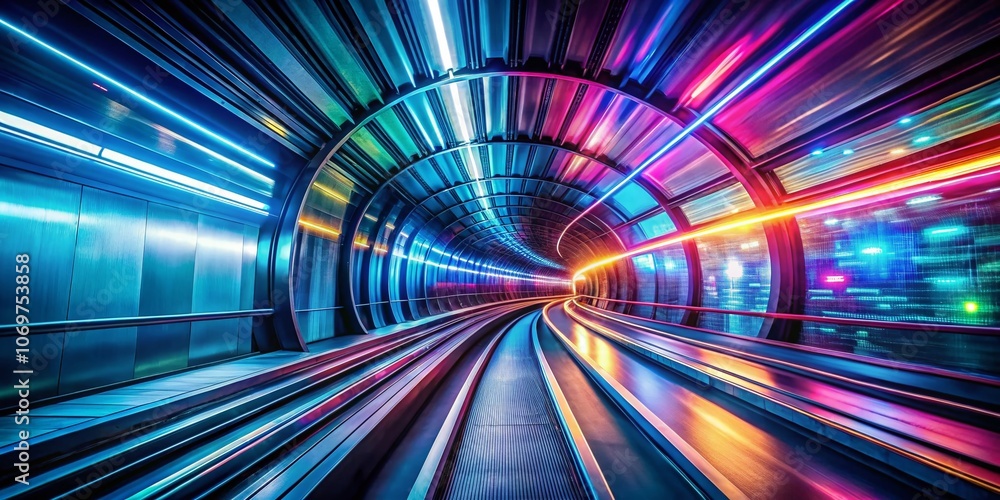 Poster futuristic light tunnel: a double exposure journey through cyber speed and technology blending reali