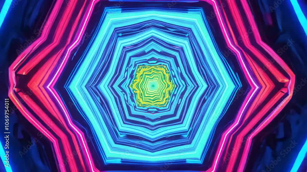 Poster camera slowly rotates, revealing vibrant, neon shapes in a kaleidoscopic explosion. the shapes const