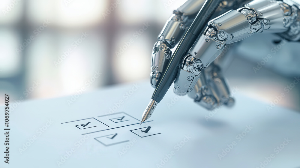 Poster a robotic hand holds a pen, marking checkboxes on paper, symbolizing automation, technology, and pre
