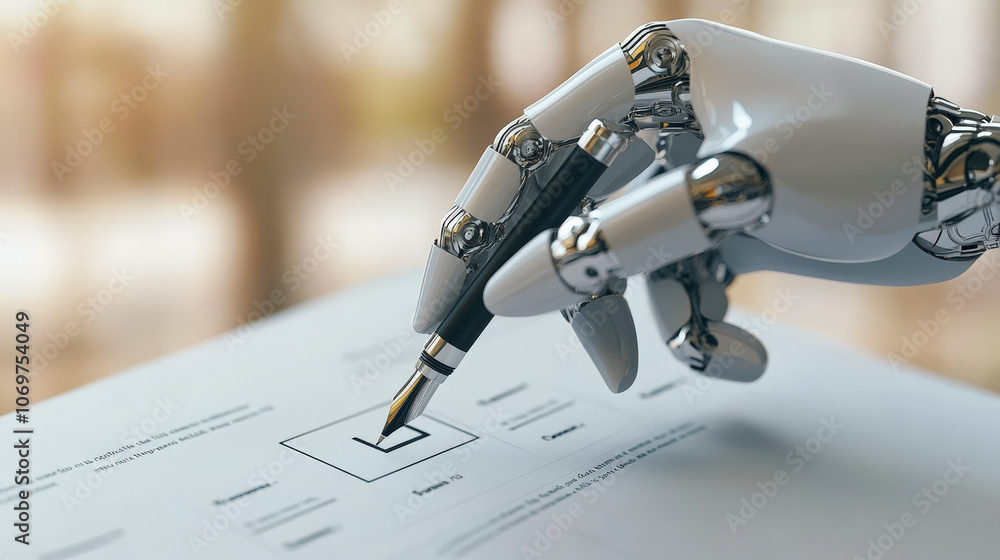 Poster a robotic hand holding a pen fills out a form, illustrating the integration of ai and robotics in co